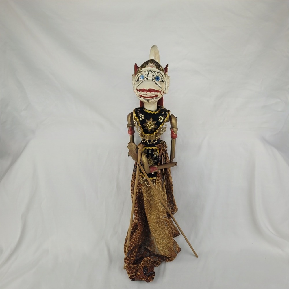 Vintage Indonesian Wayang Golek Rod Puppet Hanuman Hand Carved Wood Batik 24in